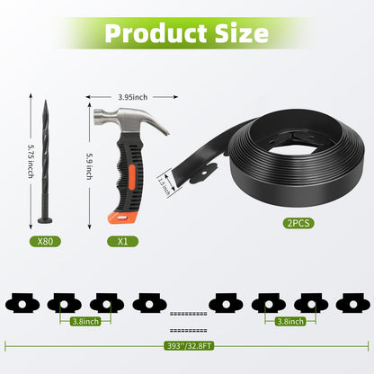 Pruite 33FT Flexible Landscape Edging Kit (2IN Tall) - Black Plastic Garden Borders with 40 Spikes, Lawn Edging for Yard Flowerbeds, Grass & Landscaping