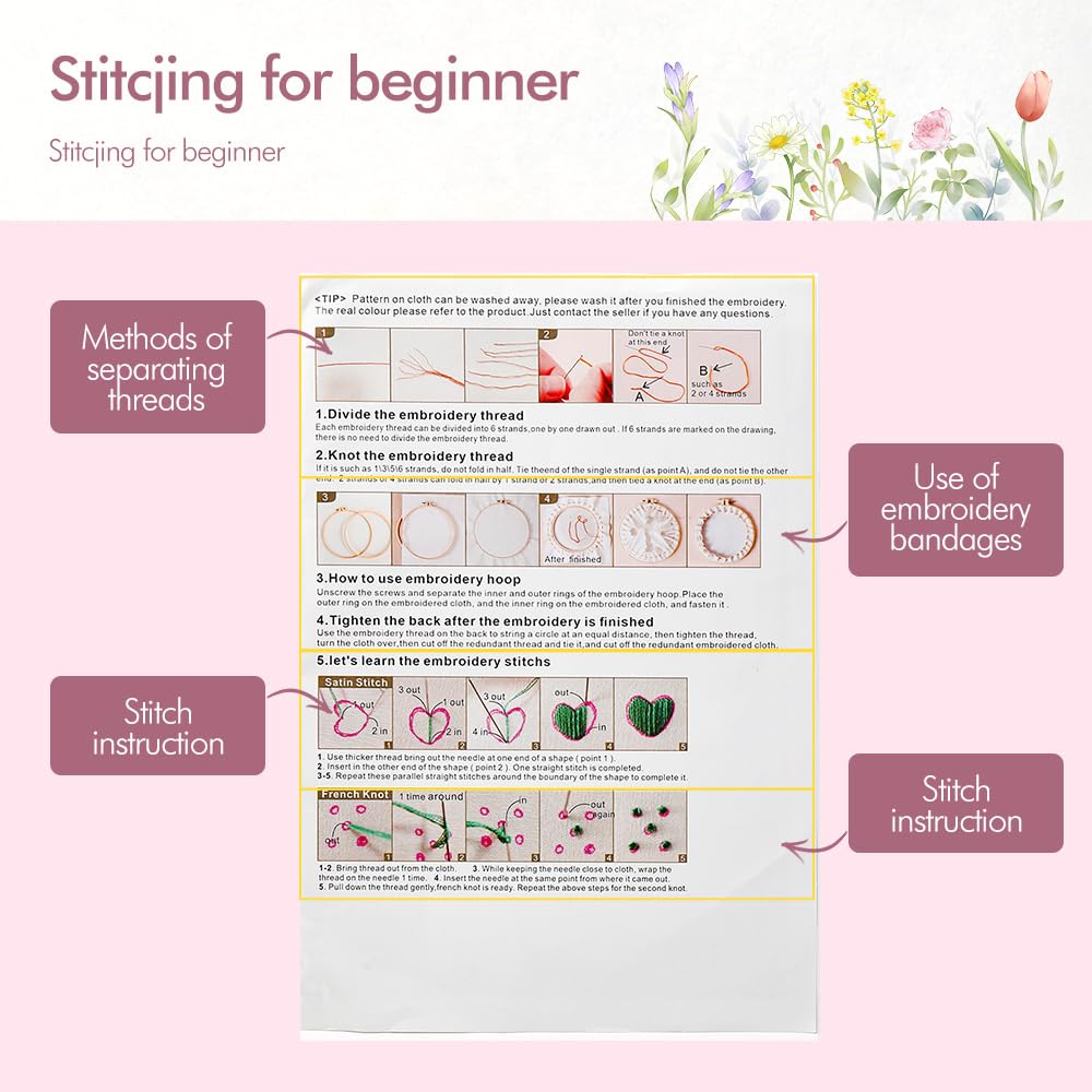 wtisan Embroidery Kit, 4 Sets Embroidery Kit for Beginners with Stamped Flower Pattern, Cross Stitch Starter Kits for Adults Hand Craft Lover with Embroidery Hoop, Instructions and Threads