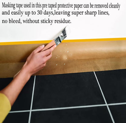 Pre-Taped Masking Paper for Painting - 20 inch x 50 feet Tape and Drape Painters Paper, Paint Adhesive Protective Paper Roll for Covering Skirting, Frames, Cars and Auto Body (3 Roll)