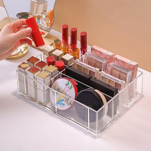 Clear Acrylic Makeup Organizer with Multi-Section Compartments, Lipstick Holder and Drawer Divider, 25 x 18.5 x 7 cm