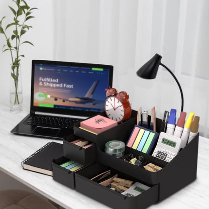 Black Plastic Vanity Makeup Organizer, 6-Compartment Holder for Brushes, Eyeshadow Palettes, & Beauty Supplies, Easy to use with drawer organizer tray