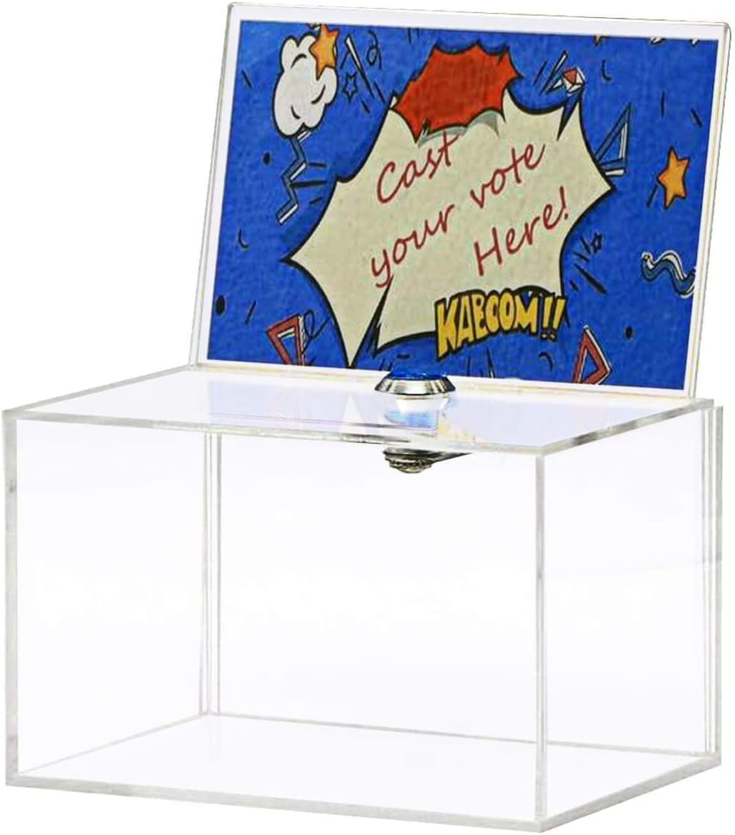 Xugoox Acrylic Donation Box with Lock, Ballot Box with Sign Holder, Secure Suggestion Box Storage Container Ticket Box Vote Box Drawing Box for Business Cards, Fundraising 4.72" x 6.25" x 4.01"