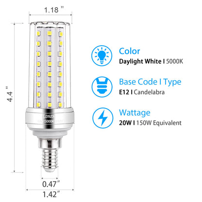 E12 LED Corn Light Bulbs[4.4in*1.18in], 20W E12 LED Bulb 150W Equivalent 2000 Lumen 5000K Cool Daylight White Non-dimmable Chandelier Light Bulbs Pack of 3