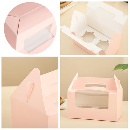 YQWIN 50 Pcs Cupcake Boxes with 2 Cavity Cookie Gift Boxes with Clear Window 2 Treat Holder Pastry Bakery Box Cupcake Containers Bakery Cake Box Cupcake Carrier for Birthday Party Bakery Supplies Pink