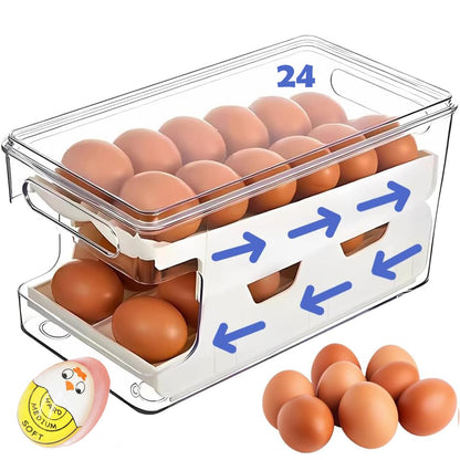 Rolling Egg Holder, Fridge Fresh 24 Egg Organizer with Lid for Refrigerator, Clear Egg Container Tray Stackable Dispenser and Egg Holder for Fridge, Egg Dispenser fridge Rolling With Egg Timer