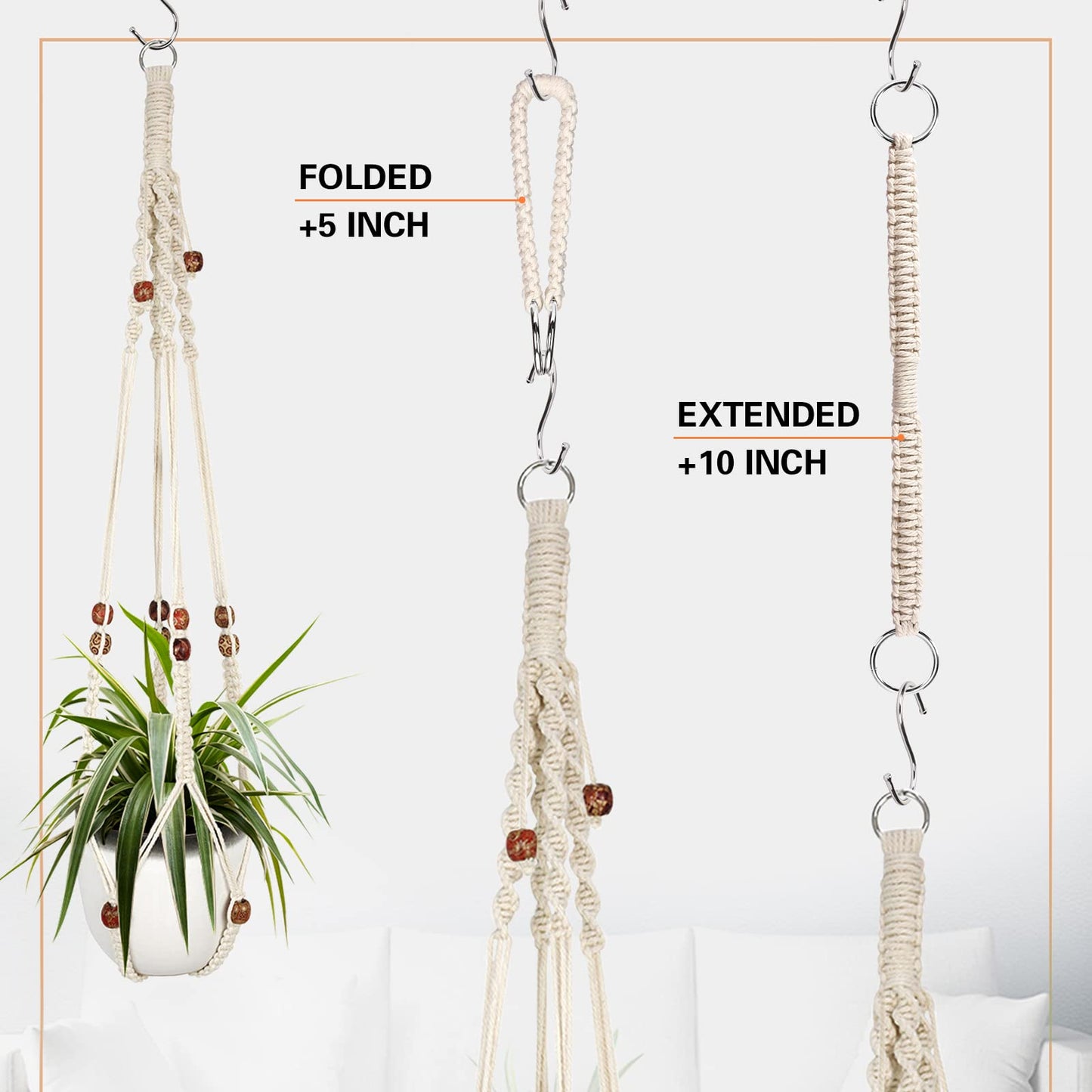 Augshy Macrame Plant Hanger, 2Pcs Hanging Holder with Extender Hangers for Indoor Outdoor Decor Macrame Hanging Basket with 4 Hooks