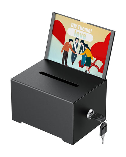 Uniclife Metal Donation Box for Fundraising, Suggestion Box with Slot and Lock, Black Ballot Boxes with Sign Holder, Storage Container for Voting Charity Tip Collection, 6.4" x 4.7" x 4"