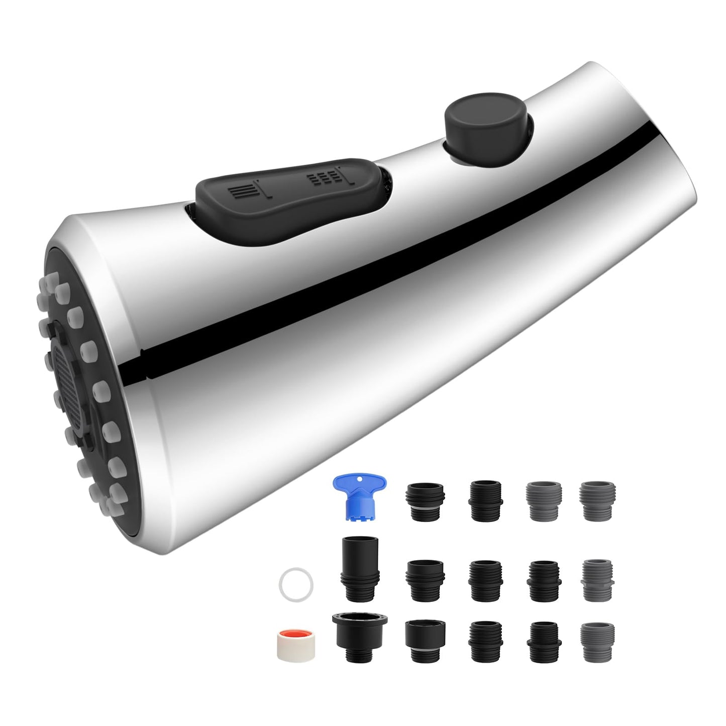 Hibbent Curved Pull Down Kitchen Faucet Head Replacement, 3-Function Kitchen Sink Spray Nozzle with 14 Adapters, Anti-Splash, Compatible with Kohler Bent Faucets, Chrome