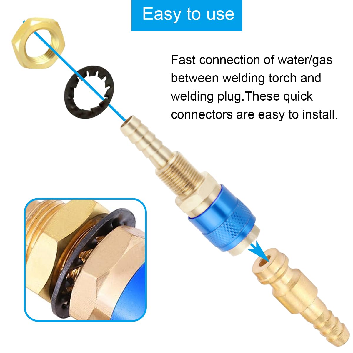 EATBALE M6 Quick Connector Set Quick Water Cooled Gas Adapter Welding Torch Quick Connector No-Leaks Pressure Fitting Hose for MIG TIG Welder Torch Fitting for Welding Torch (Gold & Blue 2 Pcs)