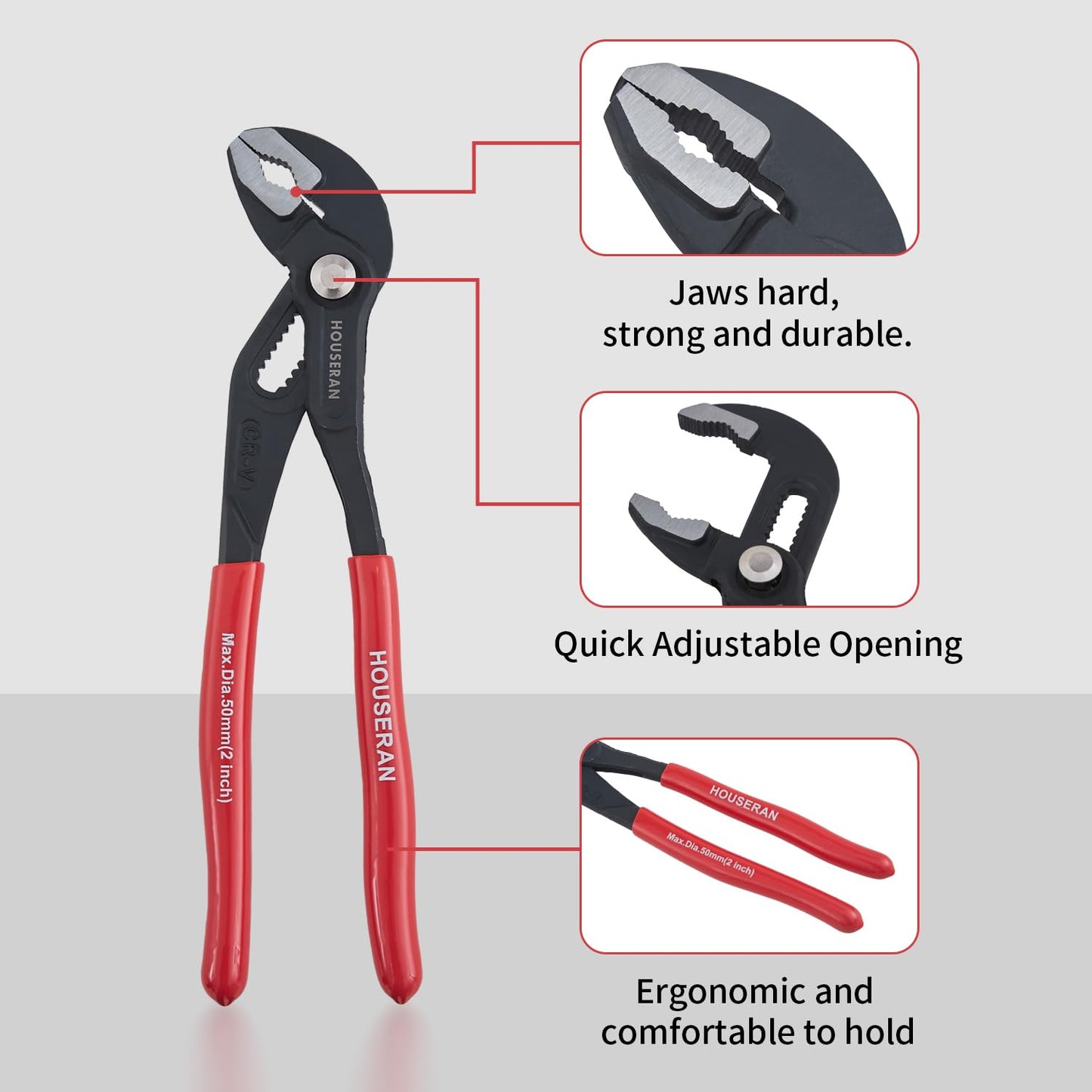Slip Joint Pliers, HOUSERAN Water Pump Pliers, 10 Inch Groove Joint Pliers, Wrench Pliers with Comfort Red Grips, CRV Tongue and Groove Pliers for Home Repair, Gripping, Nuts, Bolts, Pipe & Fittings