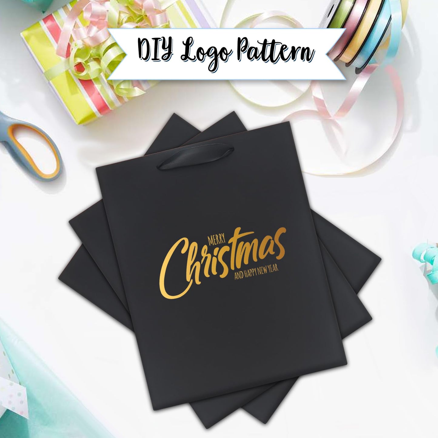QIELSER 12 Pack Black Gift Bags with Ribbon Handles, Kraft Paper Gift Bags with Tissue Paper 3 Different Sizes in 21.5cm, 25.5cm and 33cm for Party Favor, Wedding, Retail, Business, Graduations