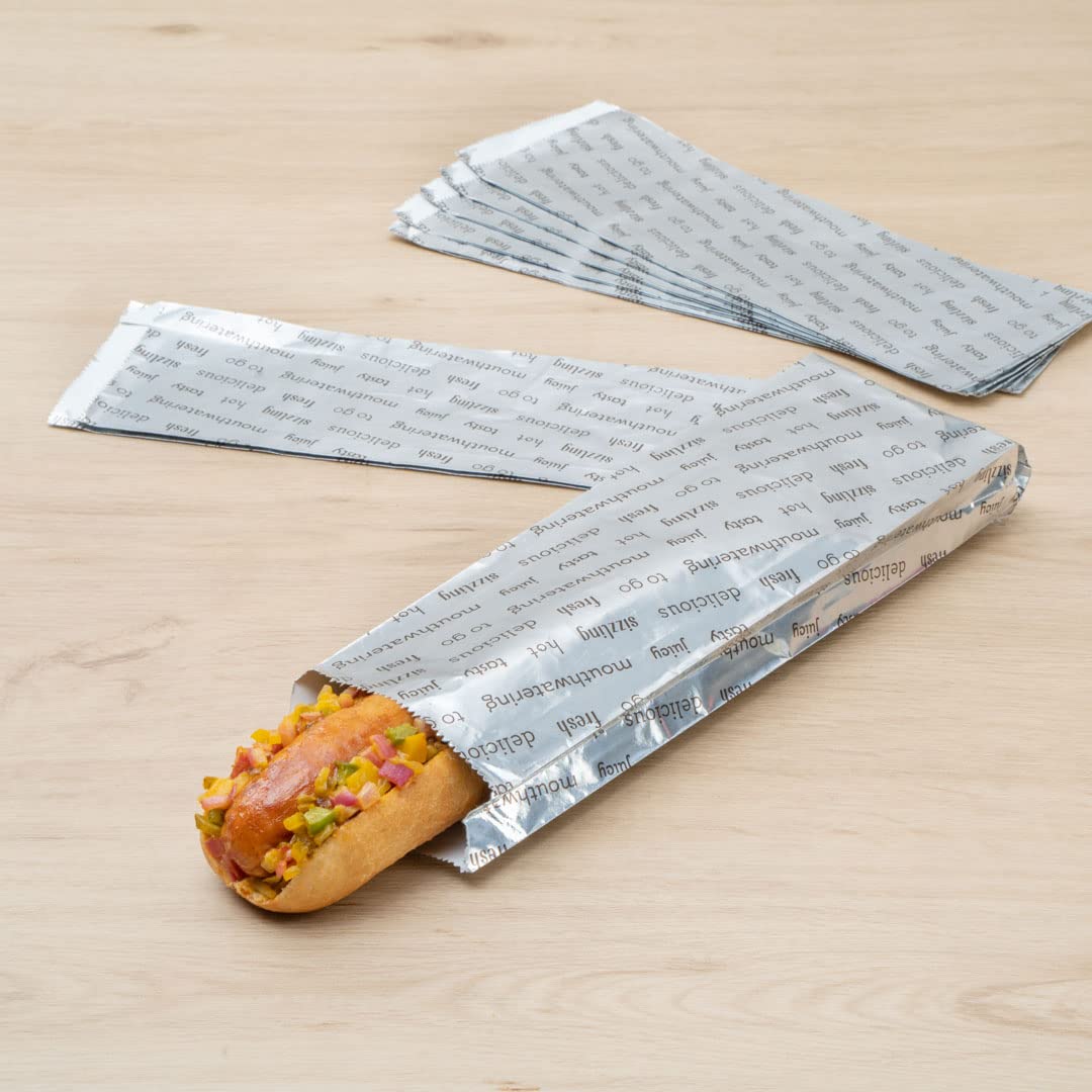 Restaurantware-Bag Tek 3.7 x 1.2 x 12 Inch Hot Dog Bags, 100 Large Hot Dog Wrappers - Greaseproof, Freezer-Safe, Printed Foil Accessories, Heat-Resistant, Non-Vented