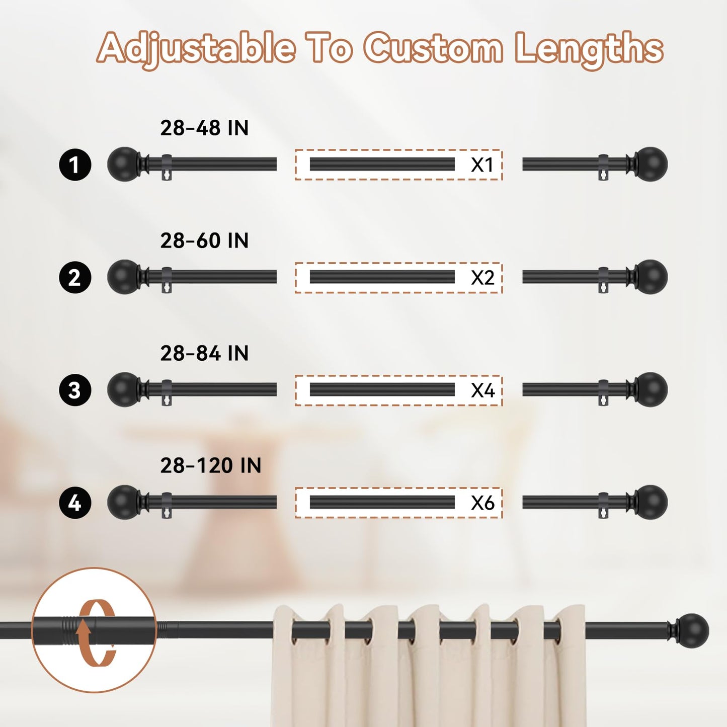 Poskena Curtain Rods for Windows 66 to 120” - 5.5 to 10 Feet - Black - Stainless Steel - Smooth Finish