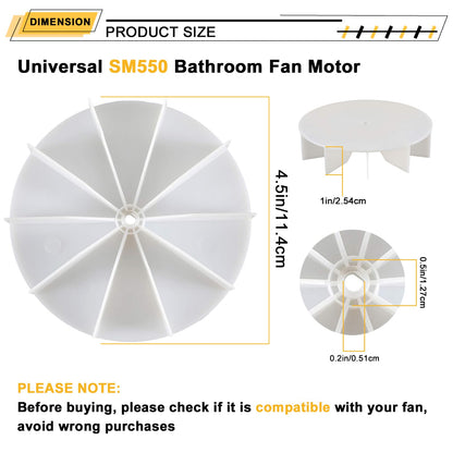 SM550 Universal Bathroom Vent Fan Motor Replacement Kit, Compatible with Nutone Broan 50 CFM, 120V, C01575, 65100, EM550, EM750