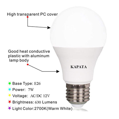 Low Voltage 12V LED Bulb E26 Warm White 2700K 60W Equivalent A19 Edison Light Bulb 7w 630LM , for RV Interior Lighting , Solar Panel Project Off Grid Lighting , 6 Pack