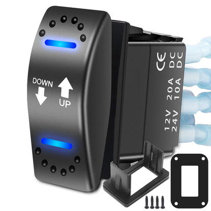 RECOIL LAS2 DPDT 20A DC 12V DC Motor Reverse Polarity Momentary Rocker Switch with Blue LED Pigtail Wire Actuator Up/Down with Adapter and Carling Switch
