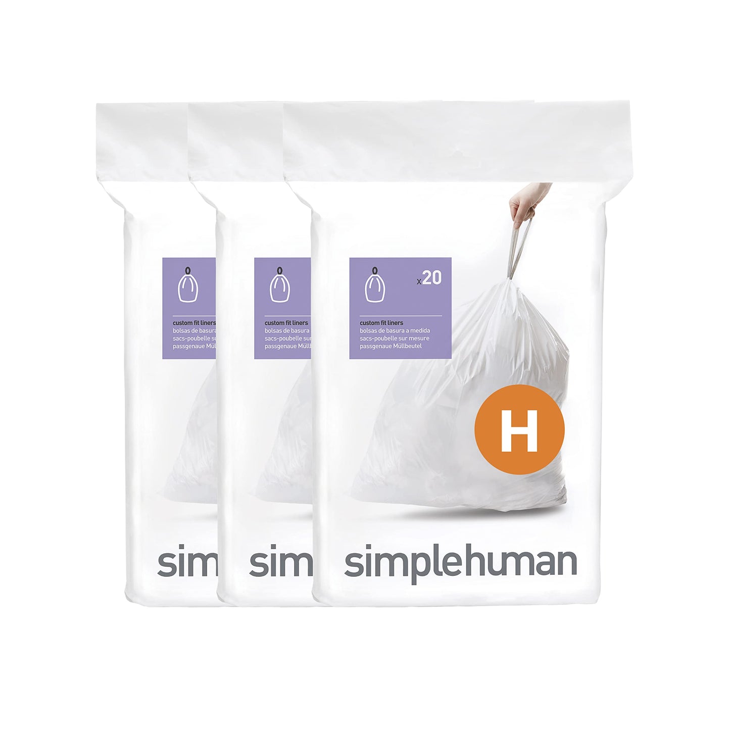 simplehuman Code H 60 Count, Dispenser Pack Custom Fit Liners, Drawstring Trash Bags, 30-35L / 8-9 Gallons, White