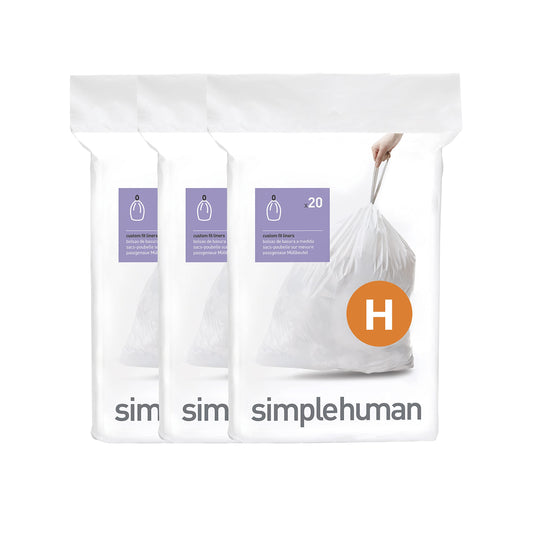 simplehuman Code H 60 Count, Dispenser Pack Custom Fit Liners, Drawstring Trash Bags, 30-35L / 8-9 Gallons, White