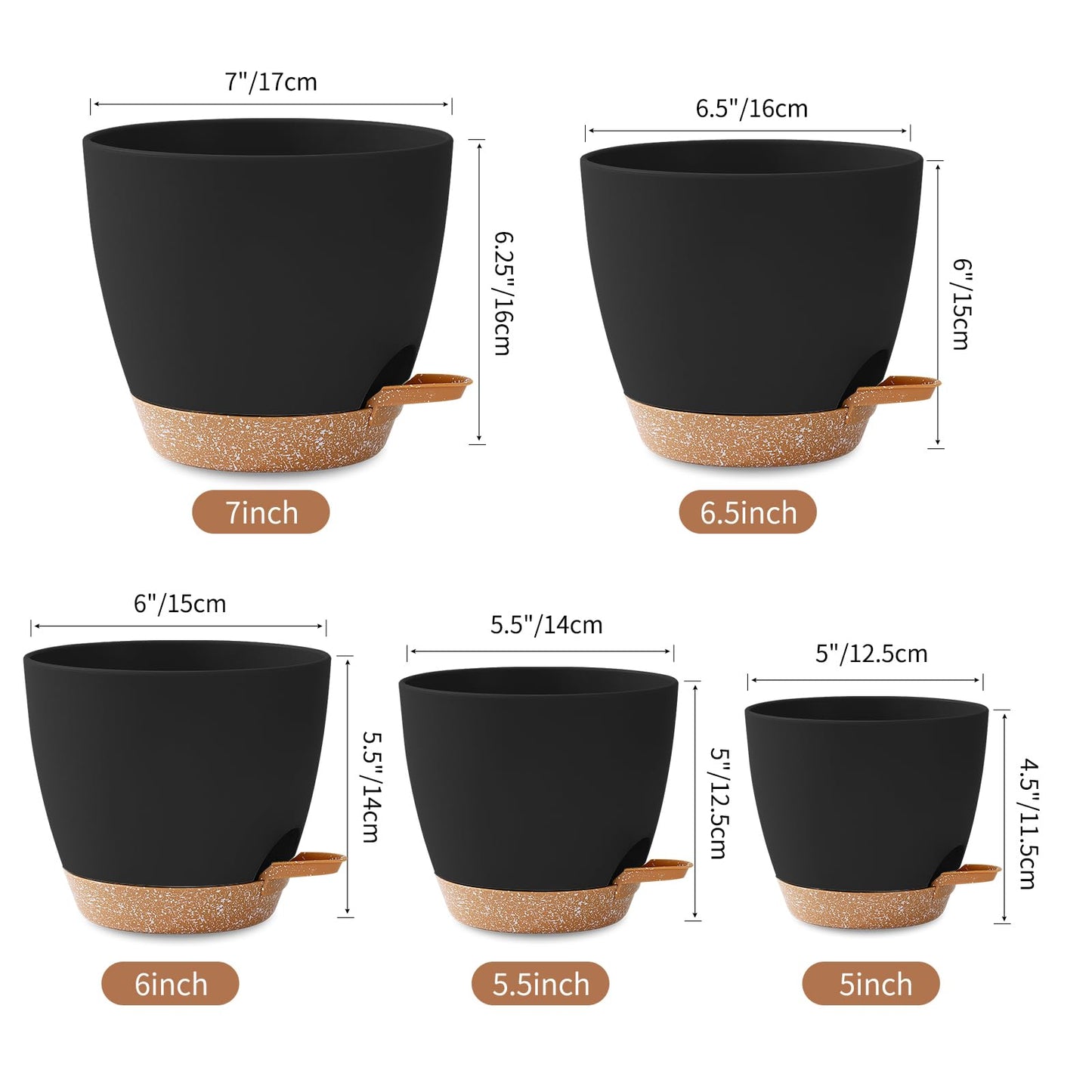 5 Pack Plant Pots Indoor 7/6.5/6/5.5/5 Inch Flower Pots Self Watering Planters for Indoor Plants with Drainage Hole Plastic Plant Pot for African Violet Cactus Flowers Succulents(Black)