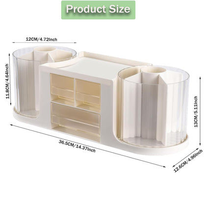 Desk Organizer with 360° Degree Rotating Pen Pencil Holder,Office Desk Organizers and Storage for Office School Home 10 Slots 3 Drawer Organizers 1 Top Storage Tray (White)