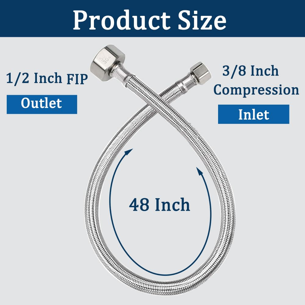 48" Faucet Supply Line,3/8" Comp x 1/2" FIP Flexible Faucet Connector,Stainless Steel Braided Supply Line for Long Distance Use of Faucet Sink, Water Heater, Angle Valve（Plumbers Tape Include）