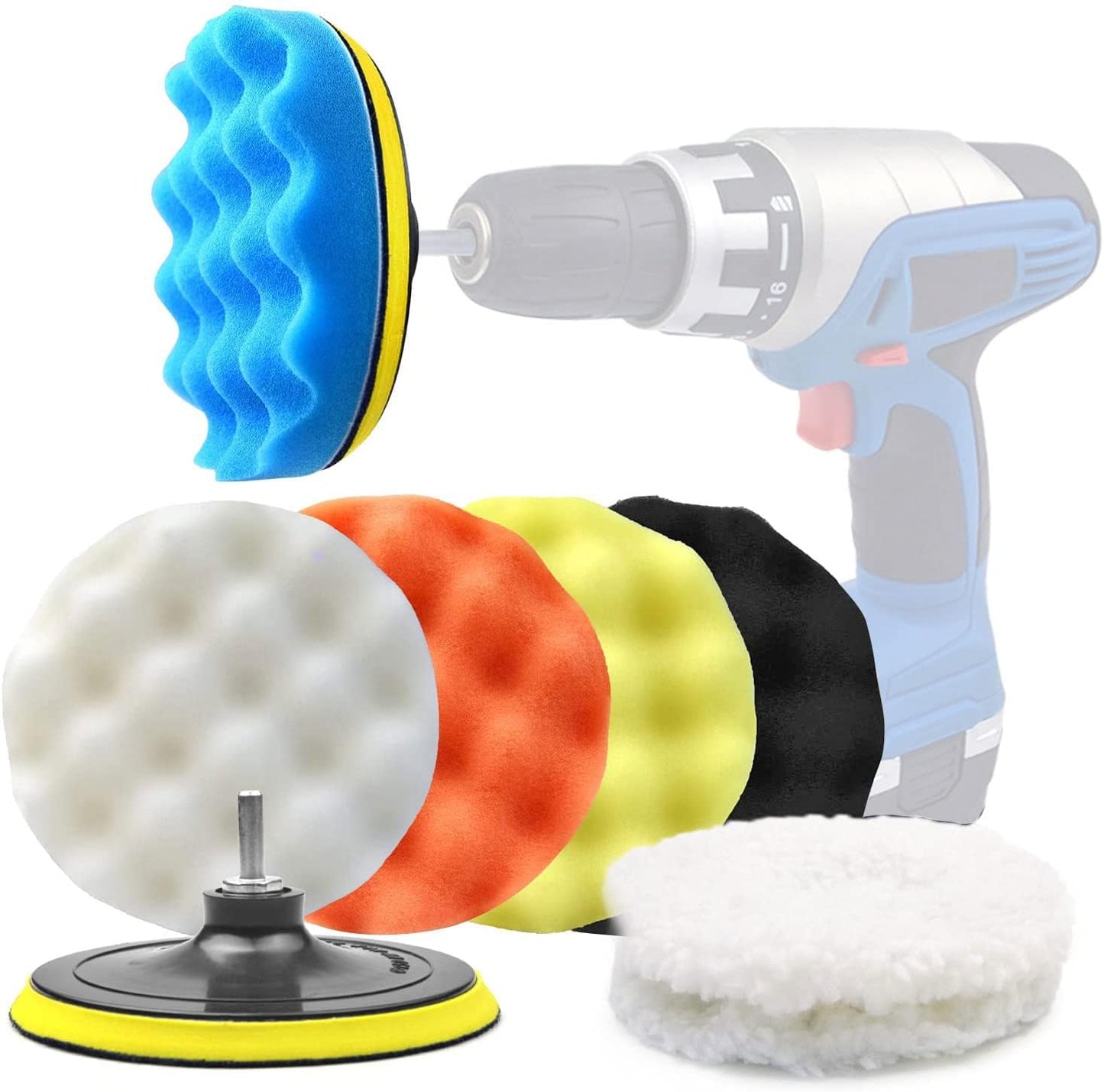 POLIWELL 6 Inch Car Polishing & Buffing Sponge Pads Kit Wool Bonnet Pads for Household Electric Drill and Auto Polisher with 8mm M14 Drill Adapter for Washing Cleaning Waxing Dusting, 11PCS
