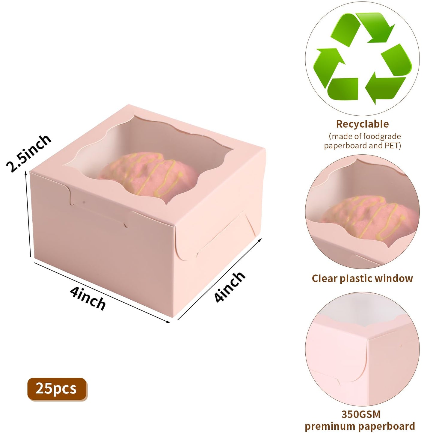 PFAMKEER 25pcs Pink Small Cake Box,4x4x2.5 Inch Bakery Boxes with Window,gift boxes bulk for Mini Cake Pastry Dessert Strawberries Chocolates Cupcakes with Stickers