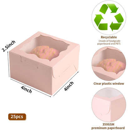 PFAMKEER 25pcs Pink Small Cake Box,4x4x2.5 Inch Bakery Boxes with Window,gift boxes bulk for Mini Cake Pastry Dessert Strawberries Chocolates Cupcakes with Stickers