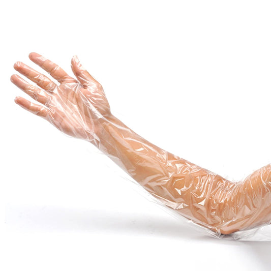 YIQXKOUY 100 Pieces Disposable Long Arm Gloves Dressing Gutting Gloves Veterinary Insemination Plastic Full Arm 34 Inch for Field Dressing