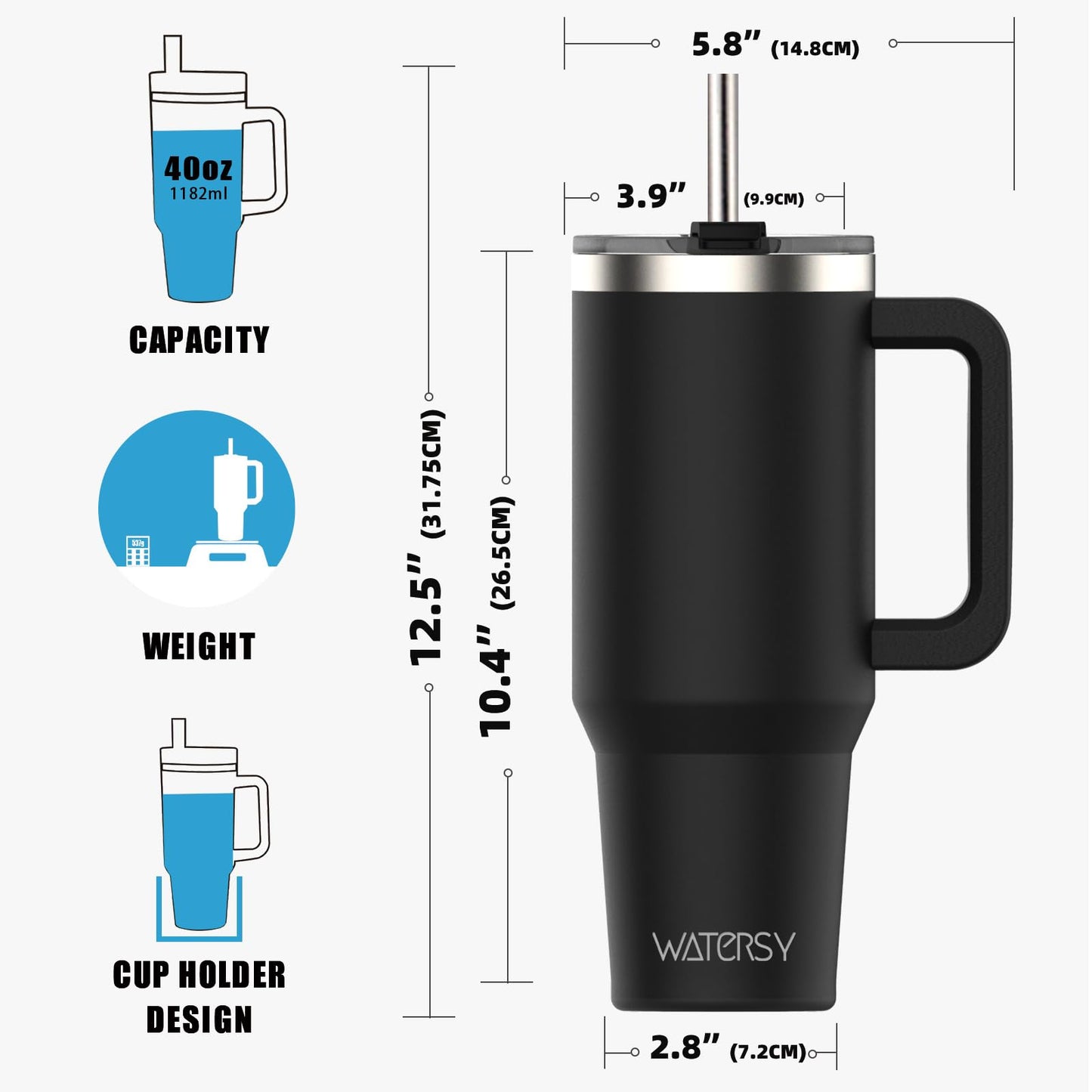 WATERSY 40 oz Tumbler with Handle,Tumbler with Lid and Straw,Double Wall Insulated Cup Stainless Steel Travel Mug(Cold for 34 Hours),Water Bottle for Iced Tea,Coffee,Cold Beverages(Black)