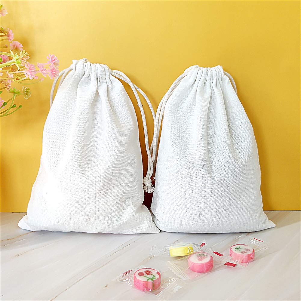 SumDirect 20Pcs Cotton Muslin Bags,White Large lightweight Gift Bags Breathable Pouches with Drawstring Reusable Packing Storage Bags for Wedding, Party, Birthday (15x20cm)