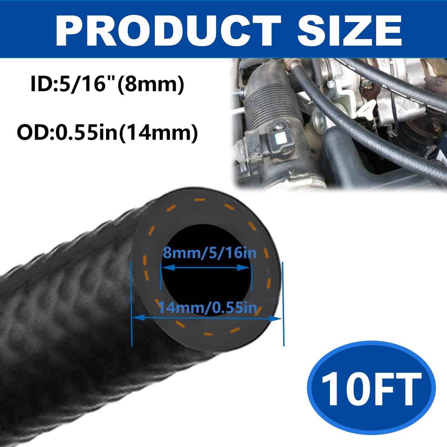 Tnisesm 5/16 Fuel Line Hose NBR Rubber 10FT 200PSI J30R7 for Fuel Systems Engines Tube Hose