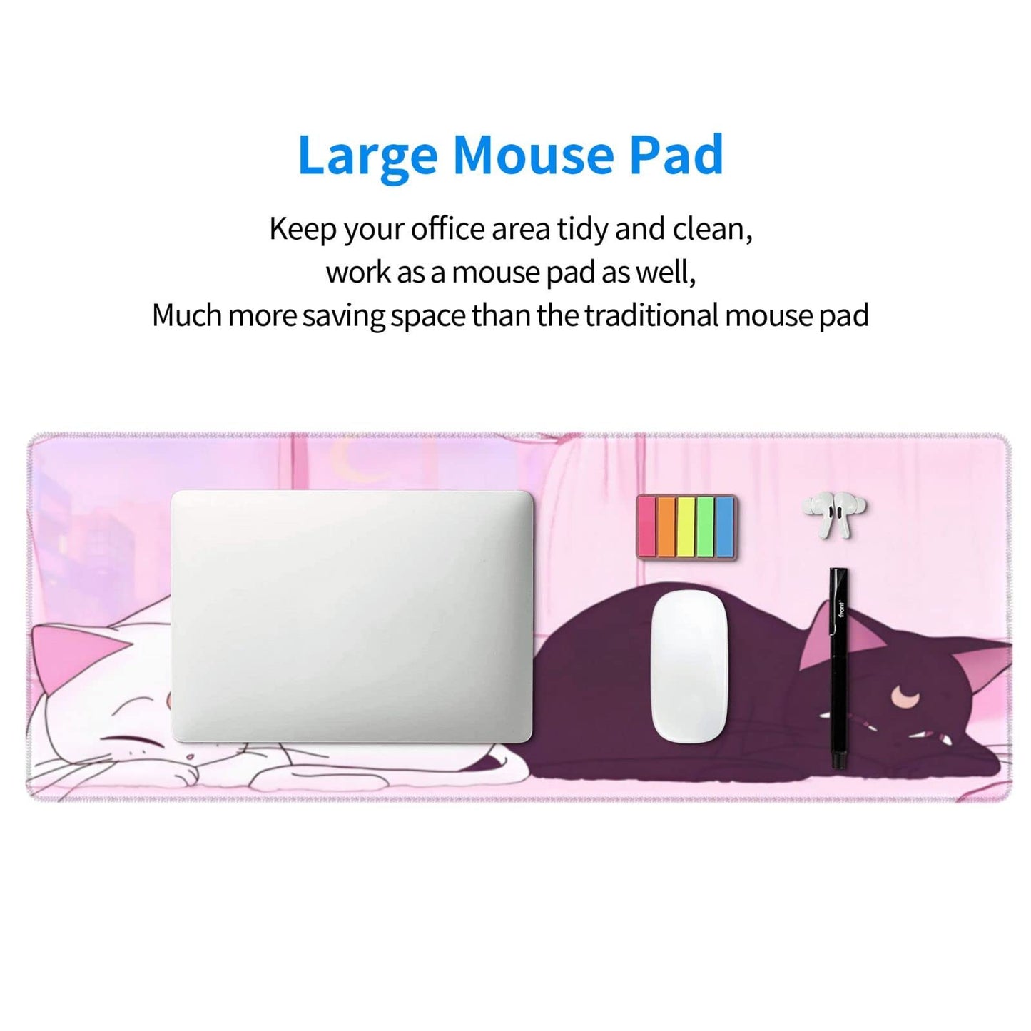 Anime Kawaii Gaming Mouse Pad Cute White Cat Black Cat Large Desk Office Decor Exclusive Beautiful Girls Mouse Pad for Women Mouse Mat Desk Pad 31.5x11.8in Non-Slip Rubber Base with Stitched Edges