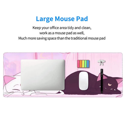 Anime Kawaii Gaming Mouse Pad Cute White Cat Black Cat Large Desk Office Decor Exclusive Beautiful Girls Mouse Pad for Women Mouse Mat Desk Pad 31.5x11.8in Non-Slip Rubber Base with Stitched Edges