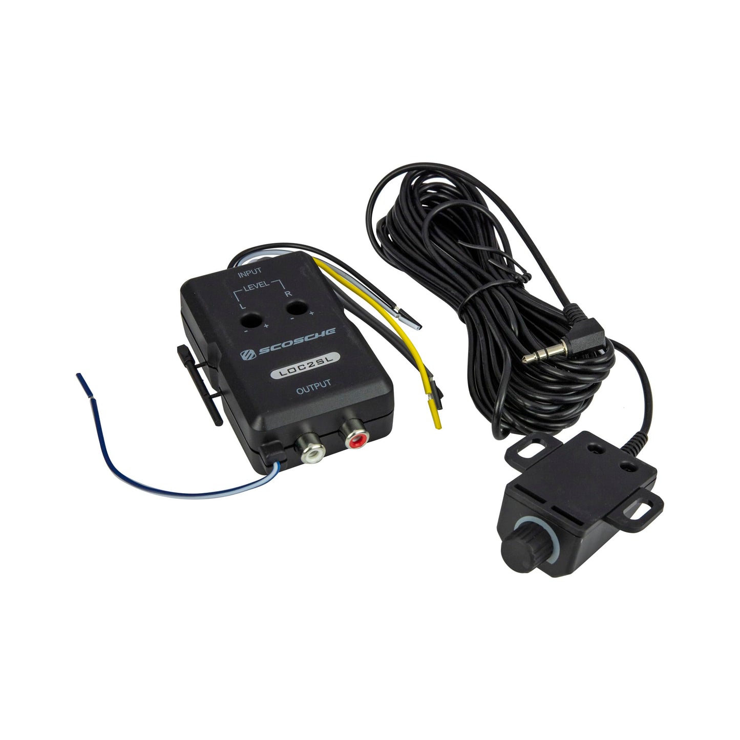 Scosche LOC2SL Line Output Converter Adjustable Amplifier Add On Module for Car Stereo, 2-Channel Signal Sensing Speaker Wire to RCA Adapter with Remote Control Knob, Black