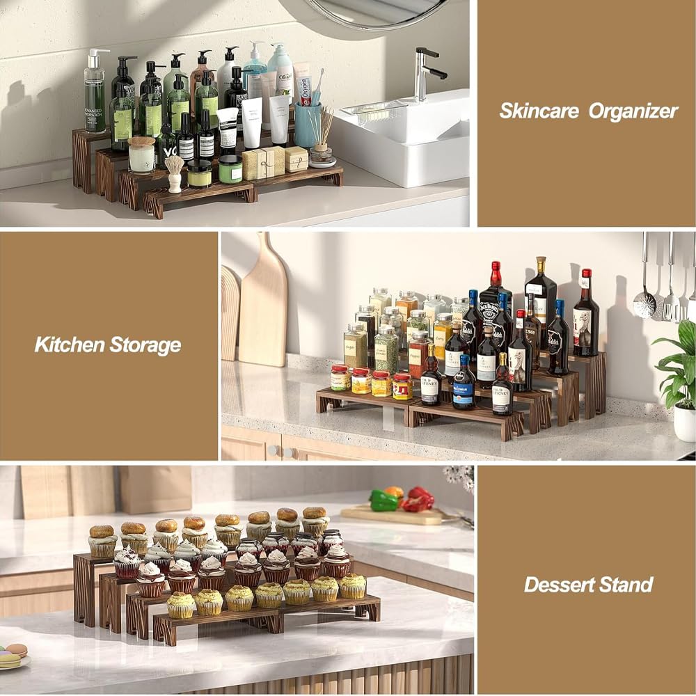 8 Piece Large Wooden Tiered Riser Display Stands, Stackable Wooden Cupcake Stands, 4 Tier Racks Decorative Rectangular, Dessert Table Display Set ,Food Display Risers for Party