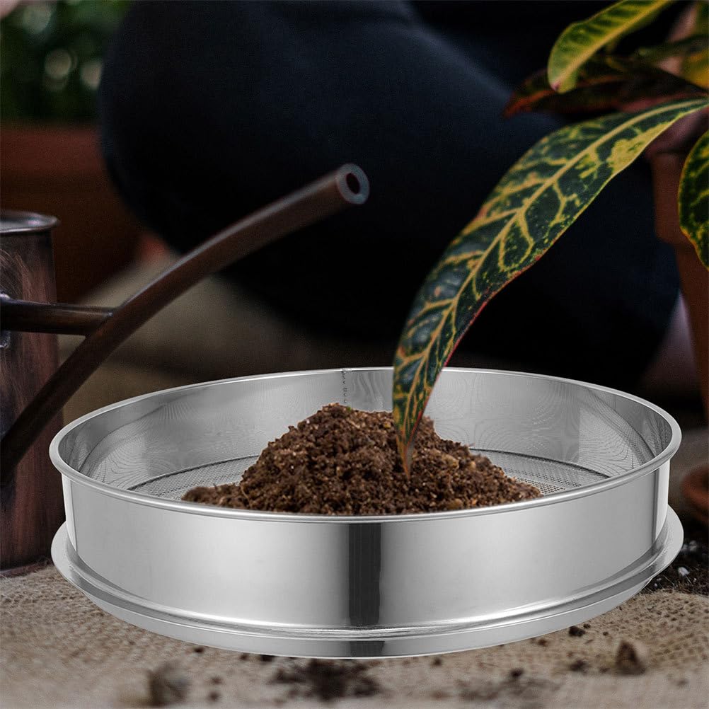 Veemoon Stainless Steel Garden Soil Sieve. Soil Classifier Sifter Round Planter Sand Screen Pan - 2mm Mesh Sifter Pan for Potting Compost and Sand Rock Sifting Filtration (9.8 Inch)