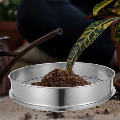 Veemoon Stainless Steel Garden Soil Sieve. Soil Classifier Sifter Round Planter Sand Screen Pan - 2mm Mesh Sifter Pan for Potting Compost and Sand Rock Sifting Filtration (9.8 Inch)