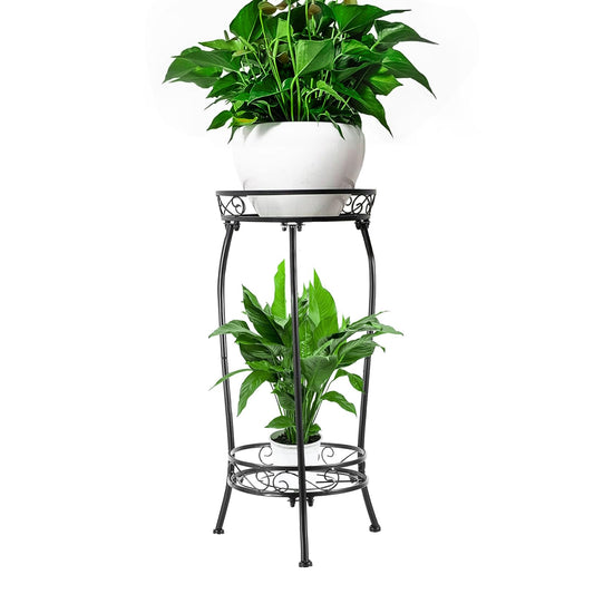 Plant Stand Indoor Outdoor Tall Metal Rustproof Potted 2 Tier 27" Holder Flower Pot Stand Heavy Duty Plant Shelf Iron Multiple Plant Round Supports Rack for Planter Corner (1Pcs, 26.77inch)