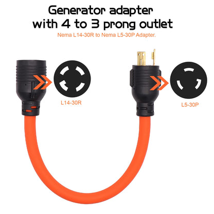 4 Prong to 3 Prong Generator Plug Adapter Cord, Nema L5-30P Generator Male to Nema L14-30R Transfer Switch Female,30Amp STW 10AWG 1.6FT