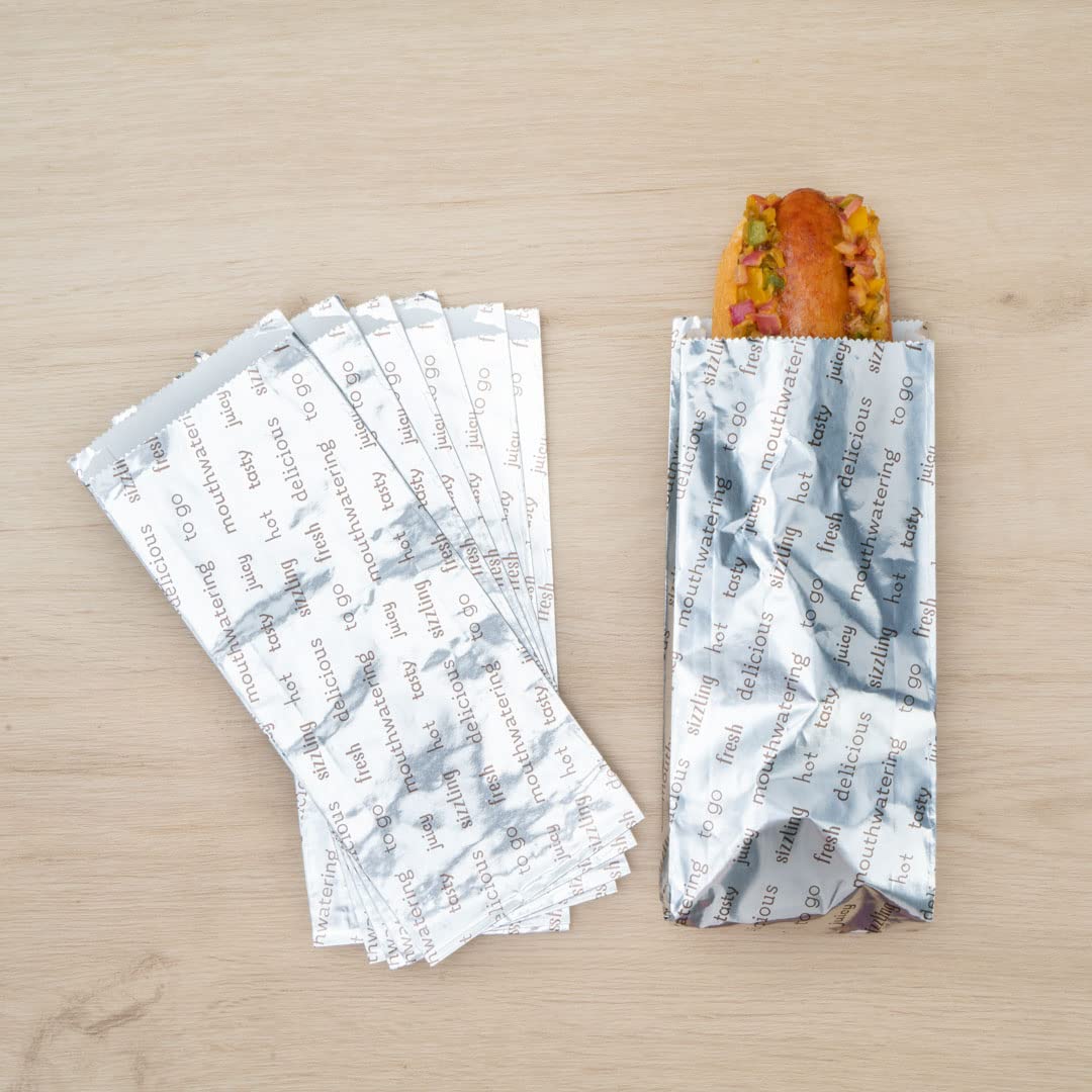 Restaurantware-Bag Tek 3.7 x 1.2 x 9.2 Inch Hot Dog Bags, 100 Small Hot Dog Wrappers - Greaseproof, Freezer-Safe, Printed Foil Accessories, Heat-Resistant, Non-Vented