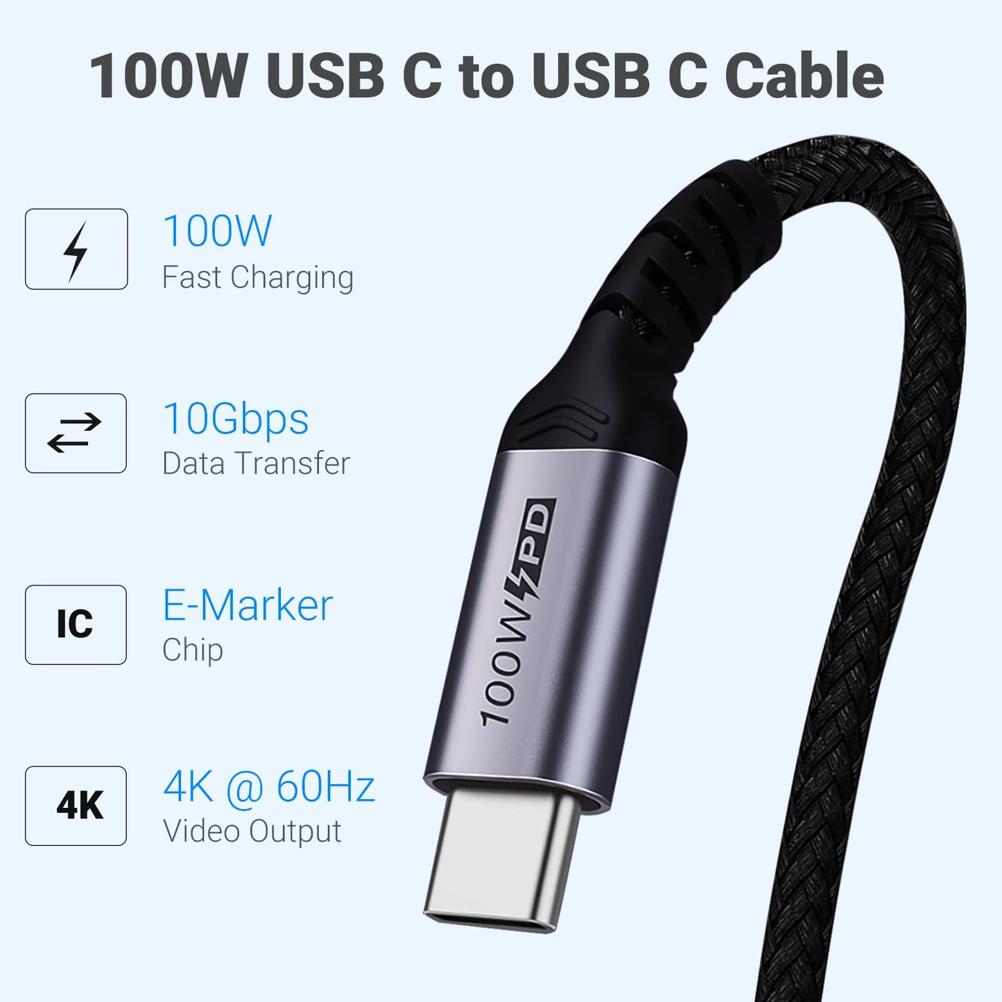 SUMPK USB C 3.1 Data Cable 10FT 2 Packs, Right Angle 100W Gen 2 Fast Charging 10Gbps High Speed Transfer Cable, 4k 60hz Video Output PD Cord Compatible for Monitor Display, Thunderbolt 3, MacBook Pro