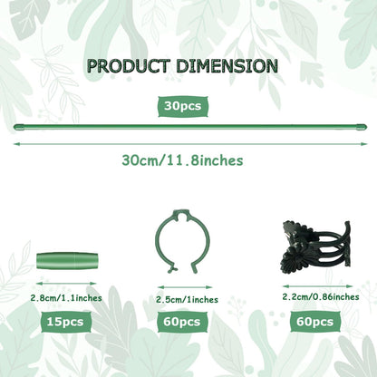 165Pcs Adjustable Plant Stakes, 30Sets Garden Plant Support Sticks, 30Pcs Fiberglass Plant Pole Stand, 60Pcs Rings, 60Pcs Clips, 15Pcs Connectors for Potted Plant Flower Tomato Orchid Vegetable