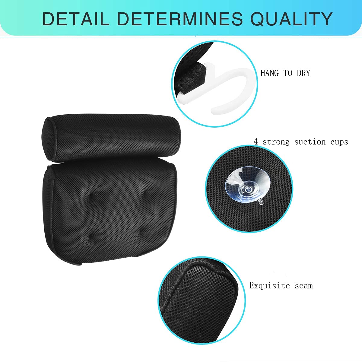 ALINK Bath Pillow Spa Bathtub Cushion Head,Neck,Shoulder and Back Support Rest with 4 Non-Slip Strong Suction Cups（Black）
