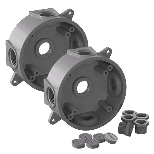 5 Hole 1/2-Inch or 3/4-Inch Weatherproof Round Electrical Outlet Box, Include 5-1/2 in. Reducer Bushings & 4-3/4 in. Closure Plugs, UL Listed, Gray (2 Pack)