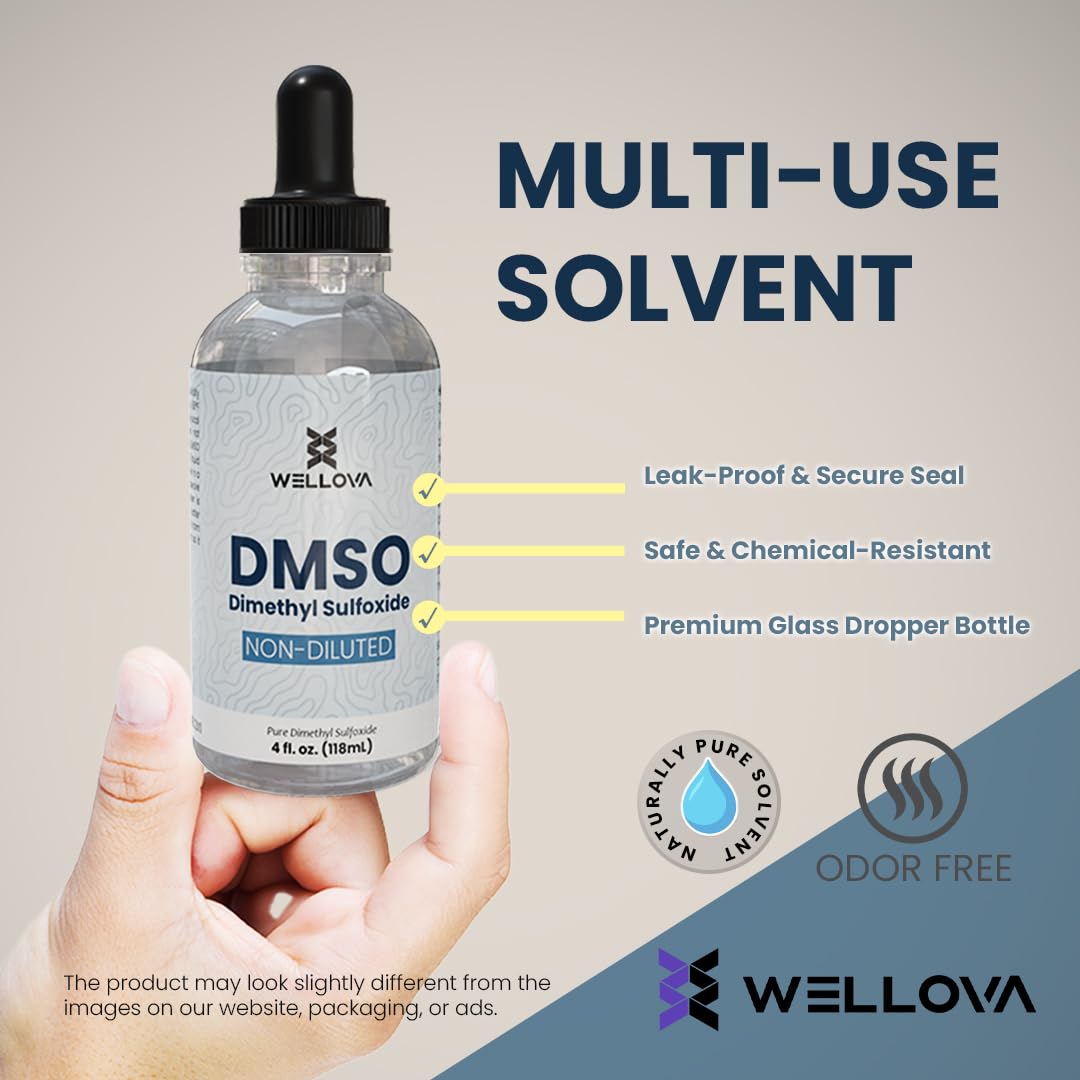 Wellova DMSO 99.9% Pharmaceutical Grade with 99.9% Purity & Low Odor - 4oz (Dimethyl Sulfoxide) Clear Glass Bottle with Dropper
