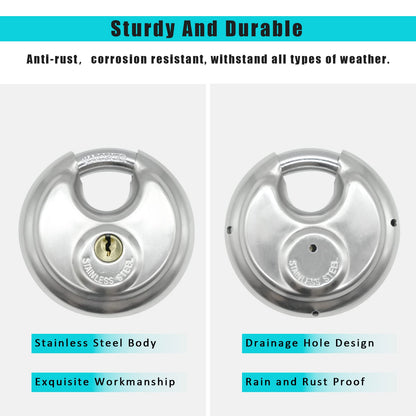 2Pack Padlocks Keyed Alike, 2-3/4"(70mm) Disc Locks for Storage Unit, Stainless Steel Locks with 4 Keys, Outdoor Waterproof Storage Lock for Storage Locker, Shed, Gate, Fence, Warehouse