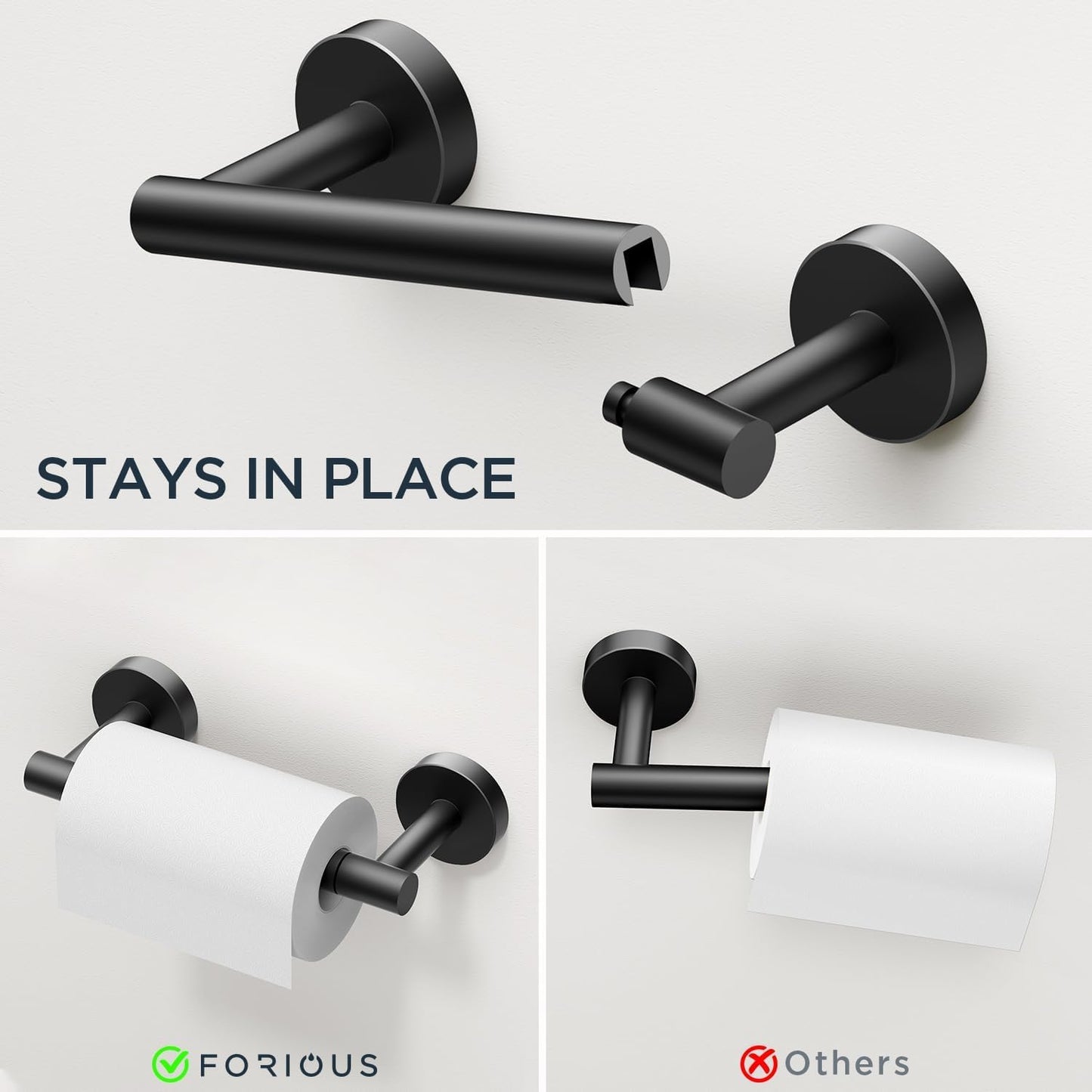 FORIOUS Toilet Paper Holder Wall Mount, Double Post Pivoting SUS 304 Stainless Steel Toilet Tissue Roll Holders Dispenser for Bathroom, Washroom, Matte Black