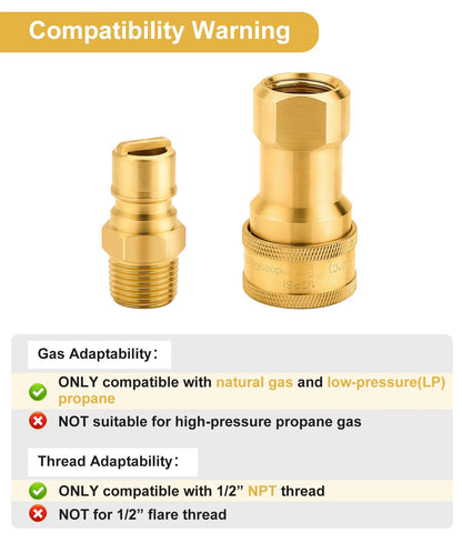 WADEO 1/2 Inch QDD LP Gas Quick Connect Fittings with Male Insert Plug, 1/2 Inch Natural Gas Propane Quick Disconnect Kit, NOT 3/8" Quick Connect Adapter
