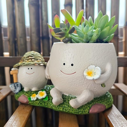 Domigard Swing Face Planter Pot,Cute Resin Flower Head Planters for Indoor Outdoor Plants,Unique Face and Sit Chair Design for String of Pearls,Ideals Gift for Mother's Day,Christmas(Lawn)